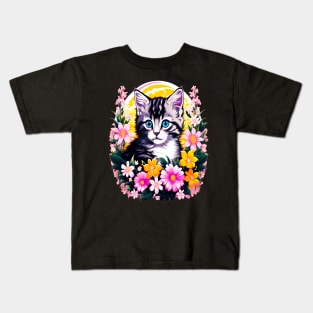 Black and Grey Kitten Surrounded by Spring Flowers Kids T-Shirt